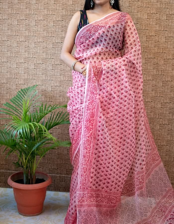 Cotton Kota Doria Block Printed Saree With Running Blouse.-Product 4