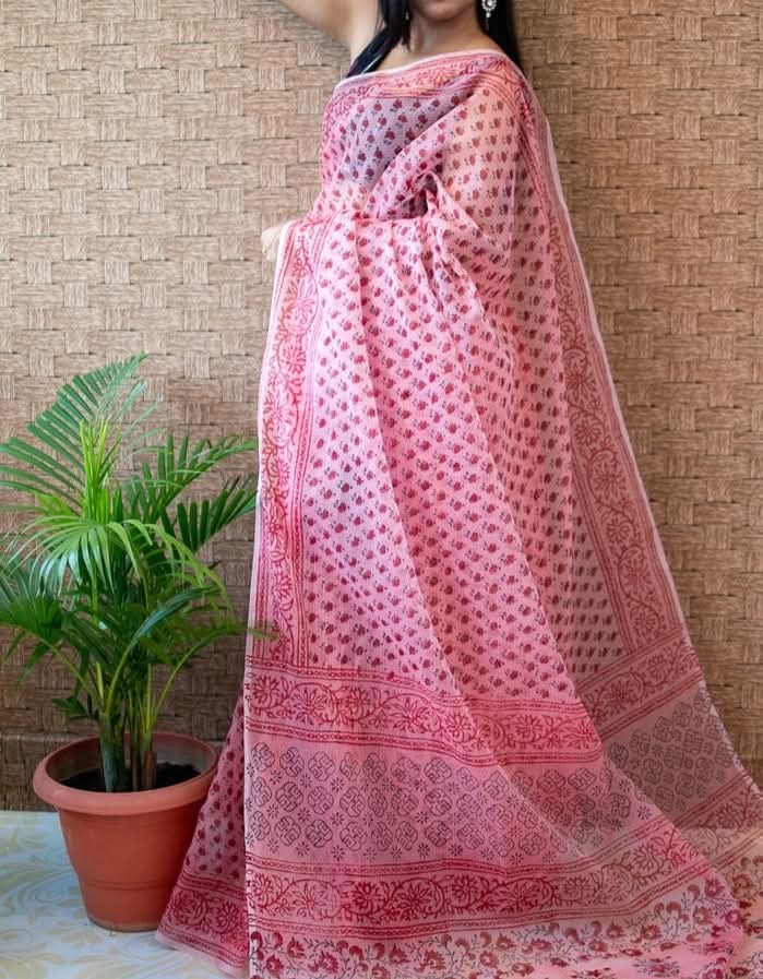 Cotton Kota Doria Block Printed Saree With Running Blouse.-Product 4