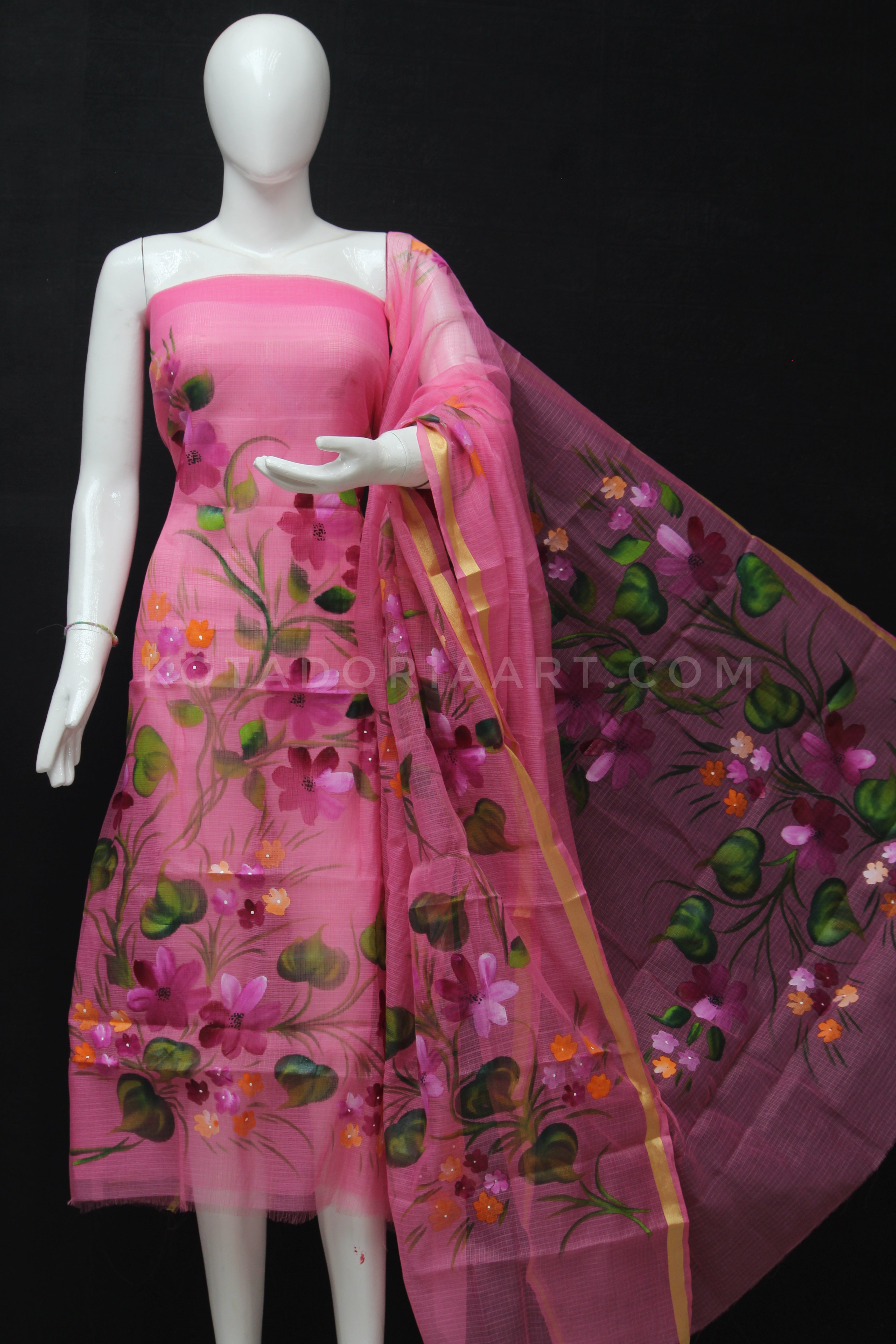 A4 - Pink Kota Doria Cotton Hand Pented Dress Material With Bottom.