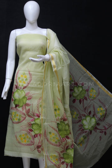 Pista Kota Doria Cotton Hand Pented Dress Material With Bottom.