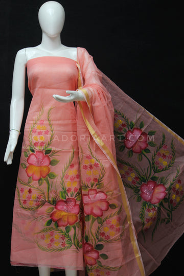 Peach Kota Doria Cotton Hand Pented Dress Material With Bottom.