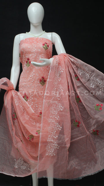 Peach Kota Doria Cotton Embroidery Work Dress Material -