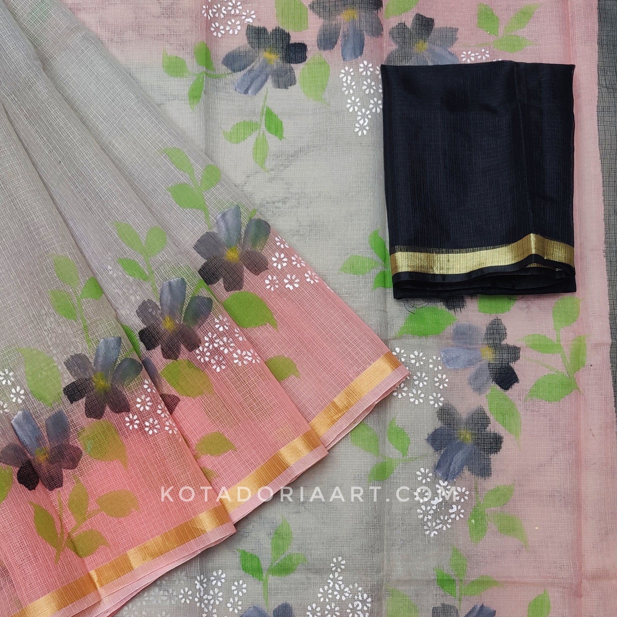 Carrot Cotton Kota Doria Hand Painted Saree With Contrast Blouse
