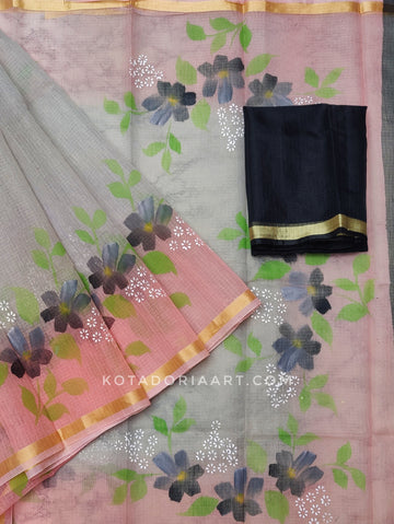 Carrot Cotton Kota Doria Hand Painted Saree With Contrast Blouse