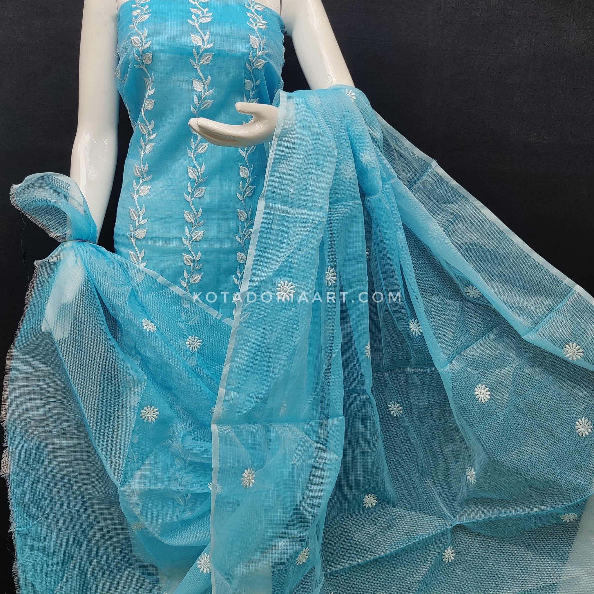 Sky-blue Kota Doria Cotton Embroidery Work Dress Material