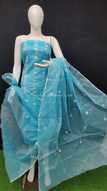 Sky-blue Kota Doria Cotton Embroidery Work Dress Material
