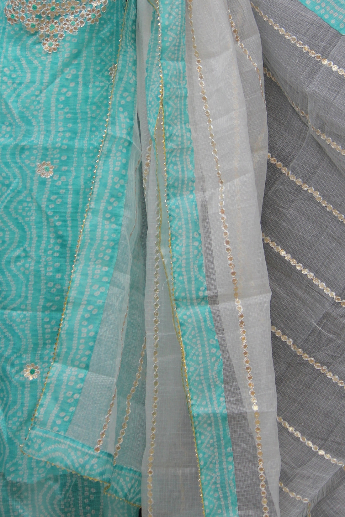 Sea-Green Bandhej Kota Doria Cotton Gota-Patti Work Dress Material
