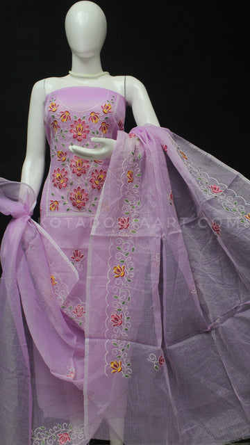 Purple Kota Doria Cotton Embroidery Work Dress Material With Bottom