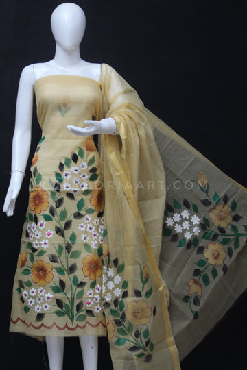 Beige Kota Doria Cotton Hand Pented Dress Material With Bottom.