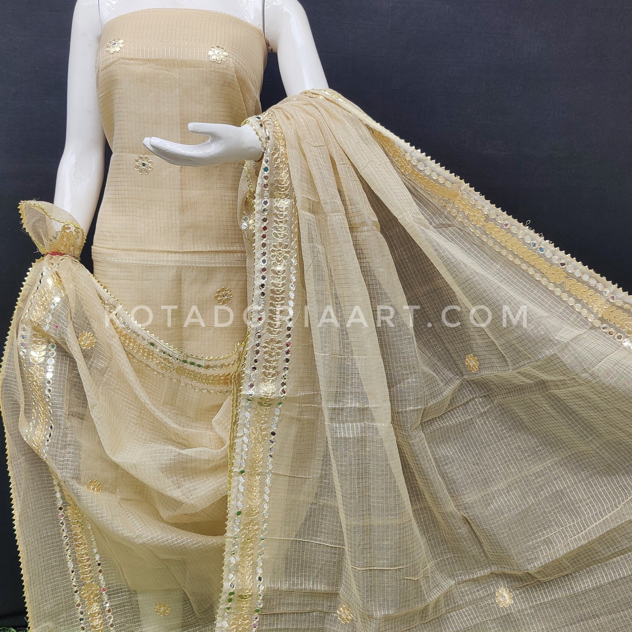 Badge Kota Doria Cotton Gota-Patti Work Dress Material with Bottom