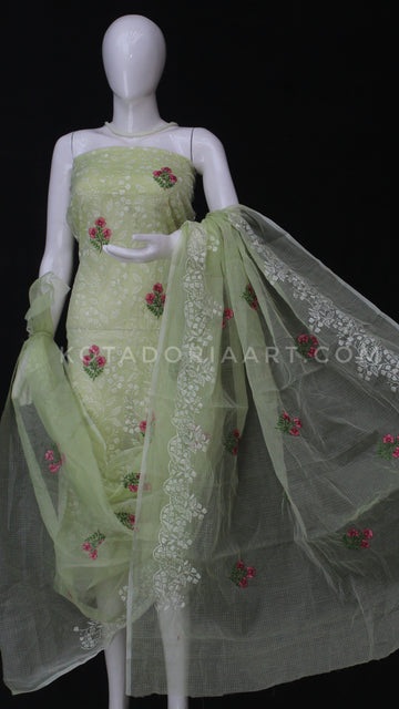 Pista-green Kota Doria Cotton Embroidery Work Dress Material
