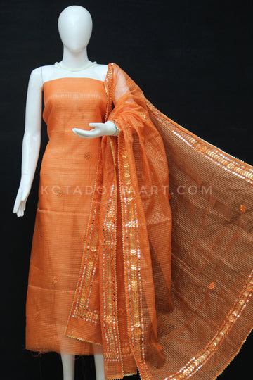 Orange Kota Doria Cotton Gota-Patti Work Dress Material with Bottom