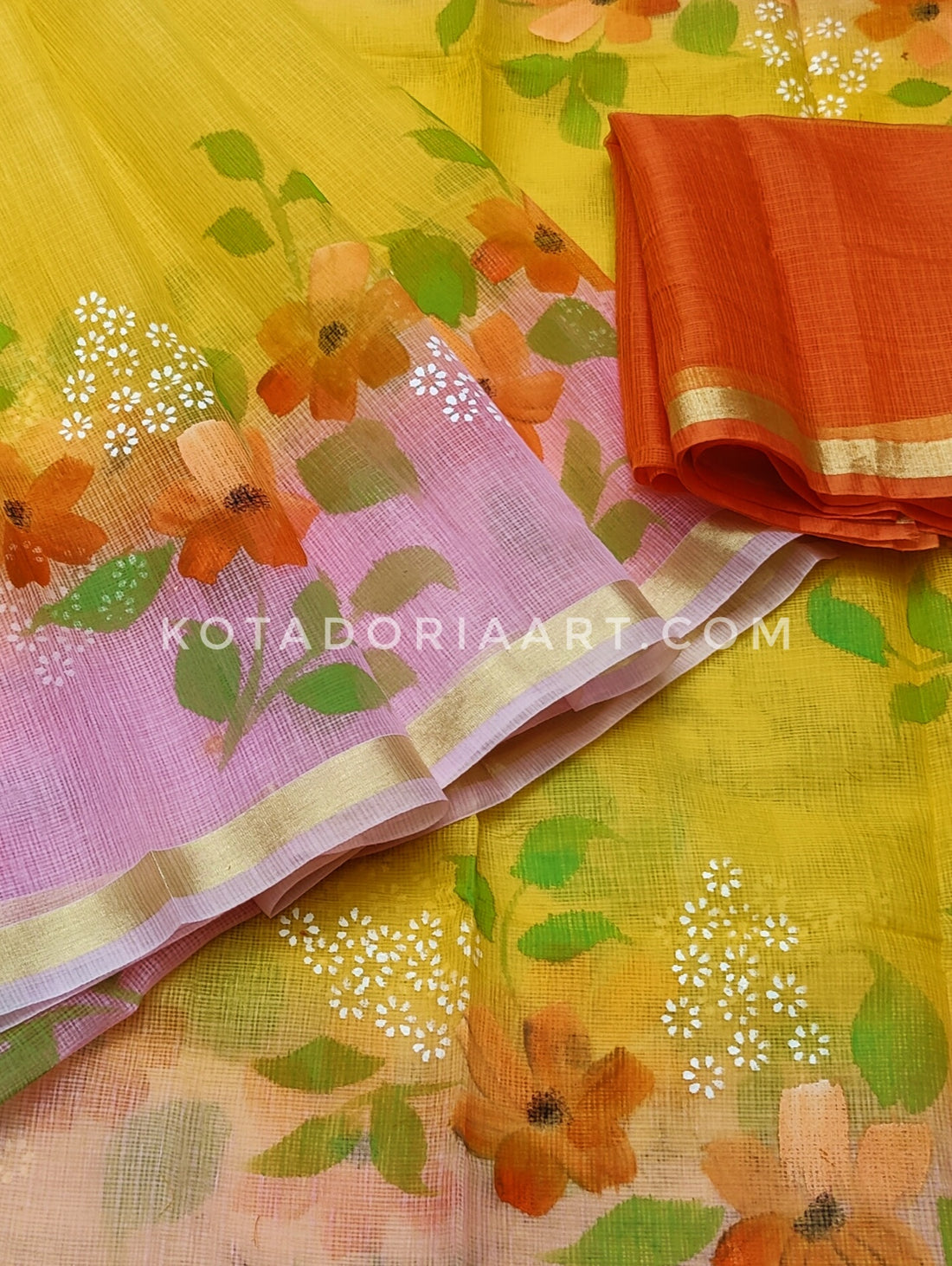 Cotton Kota Doria Hand Painted Saree With Contrast Blouse