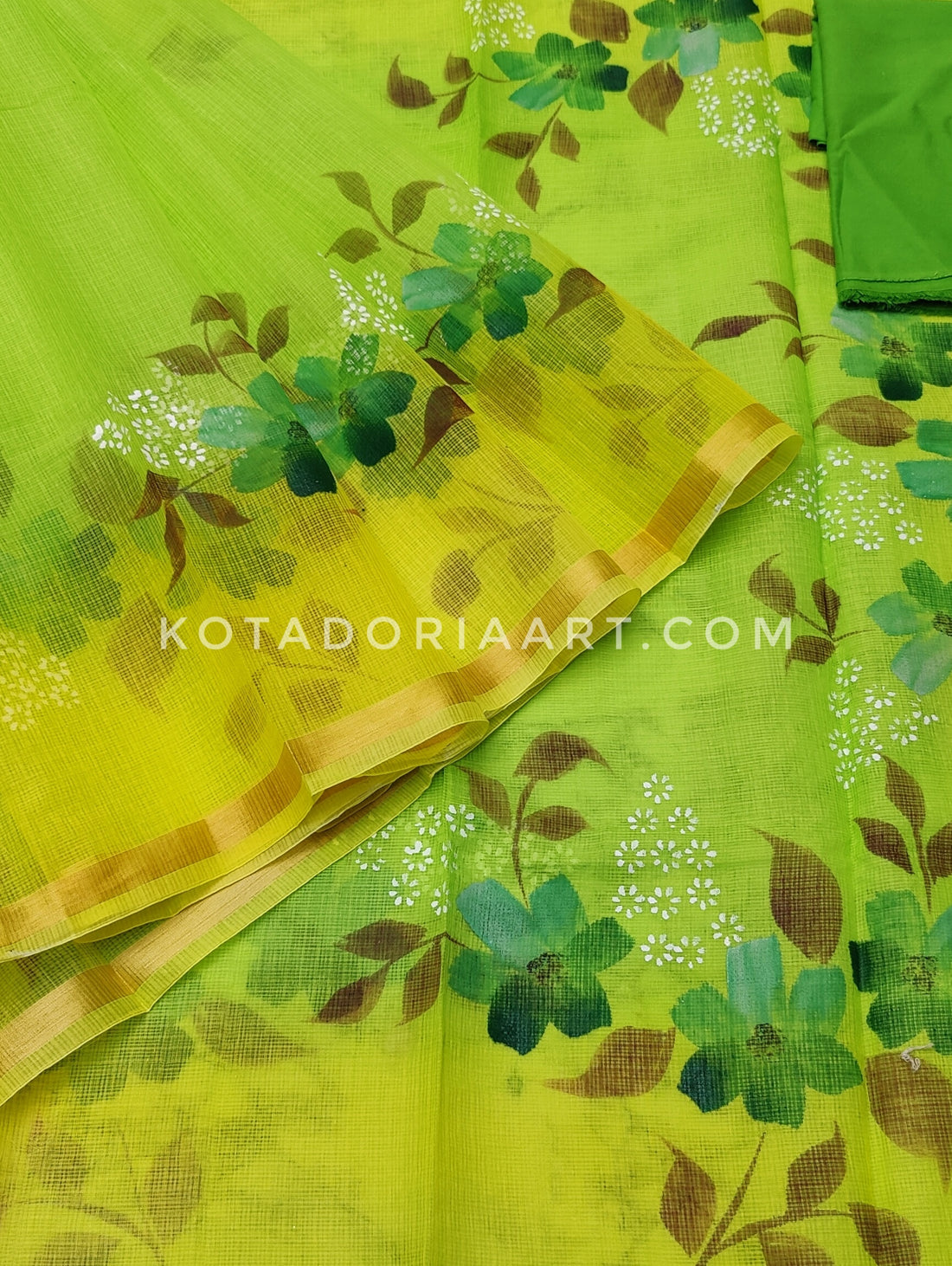 Green Cotton Kota Doria Hand Painted Saree With Contrast Blouse