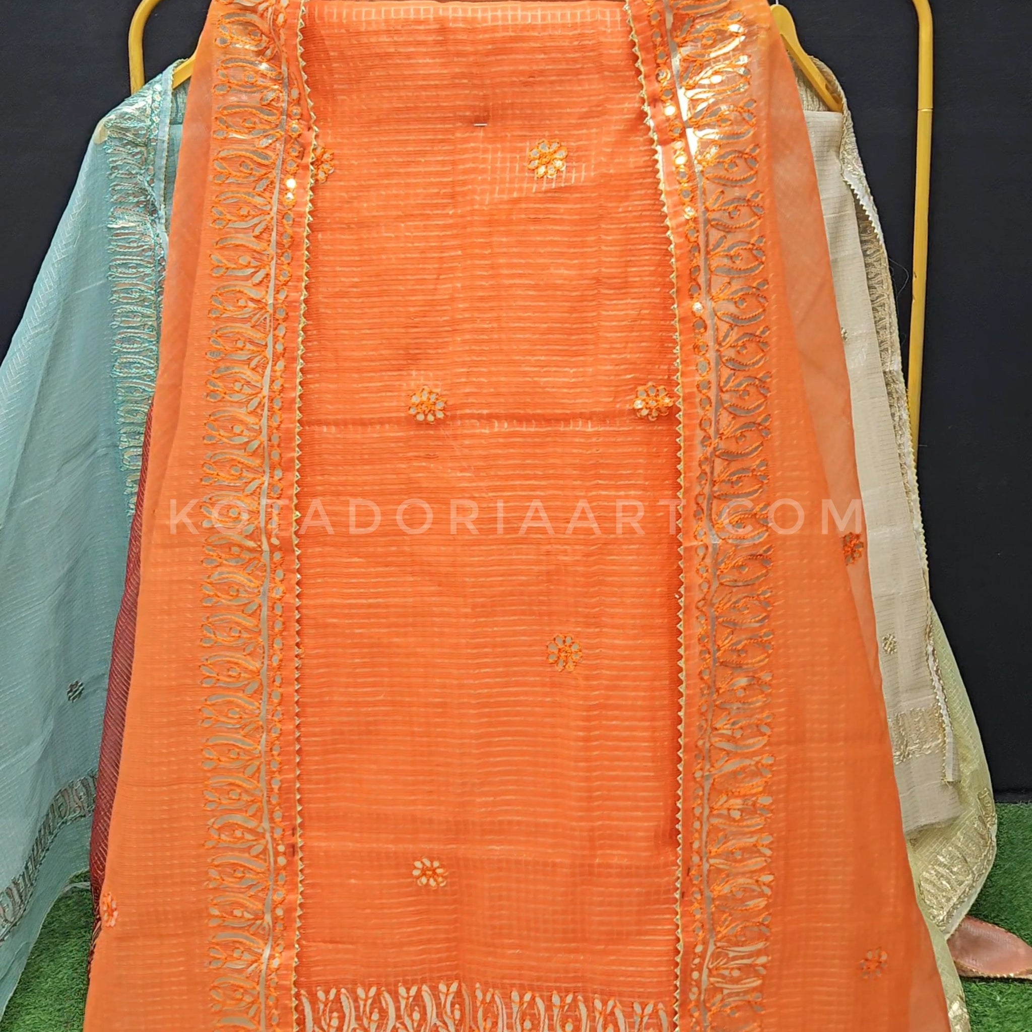 Yellow Kota Doria Cotton Gota-Patti Work Dress Material with Bottom