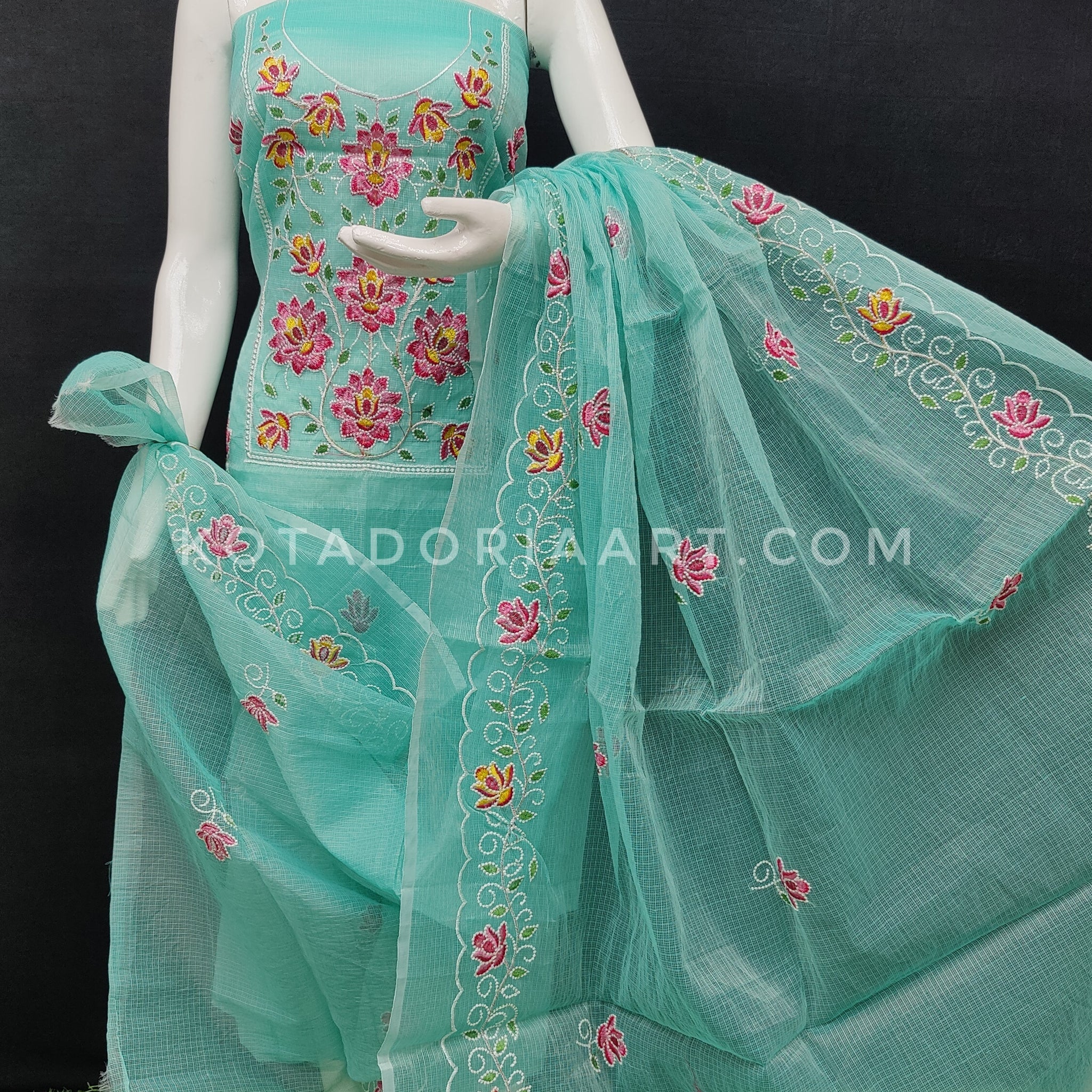 Sea Green Kota Doria Cotton Embroidery Work Dress Material