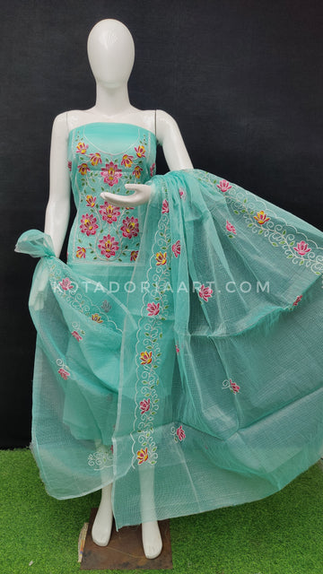 Sea Green Kota Doria Cotton Embroidery Work Dress Material