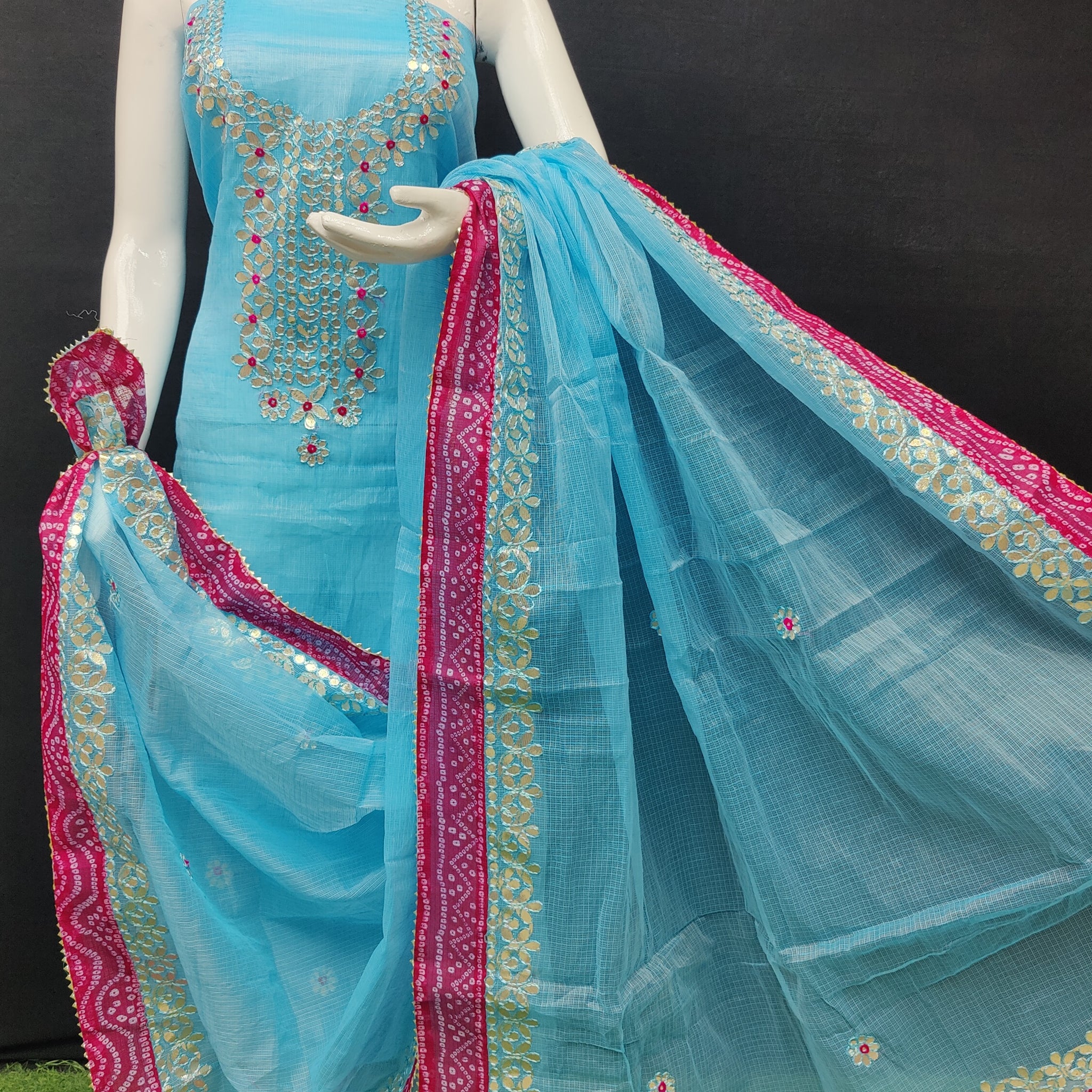 Sky-blue Bandhej Border Kota Doria Cotton Gota-Patti Work Dress Material