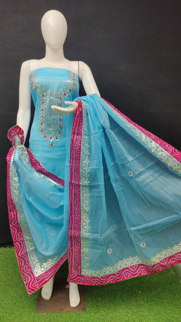 Sky-blue Bandhej Border Kota Doria Cotton Gota-Patti Work Dress Material