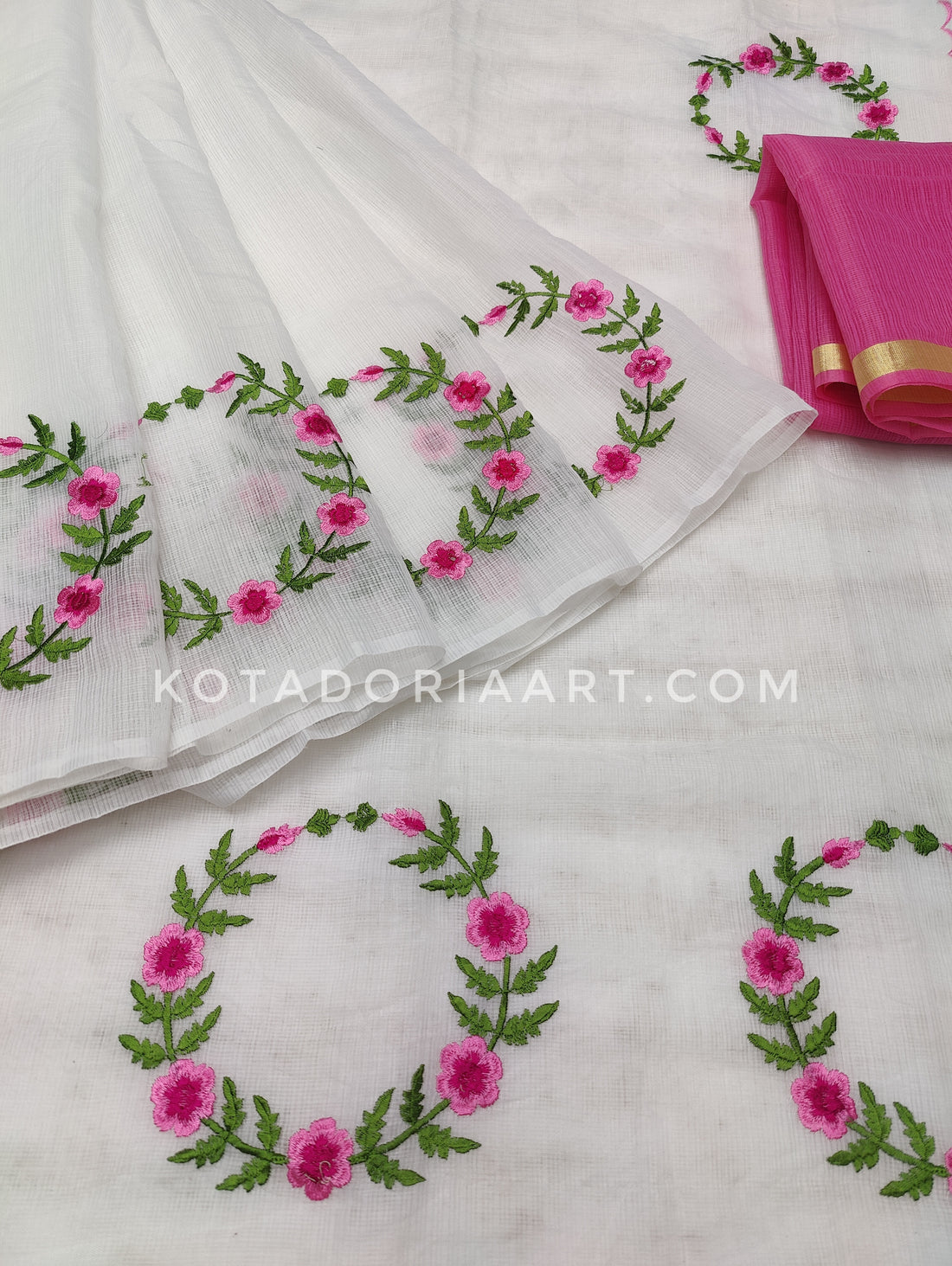 White Cotton Kota Doria Embroidery Work Saree With Contrast Blouse Piece