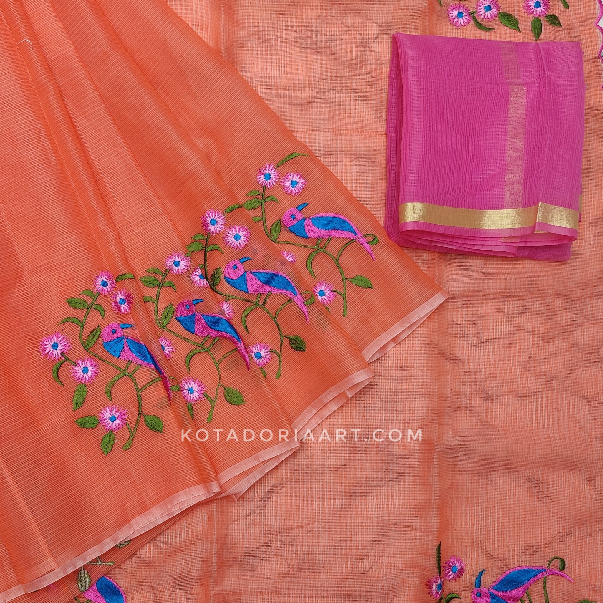 Orange Cotton Kota Doria Embroidery Work Saree With Contrast Blouse Piece