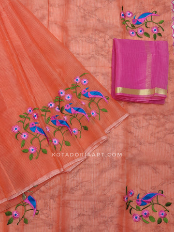 Orange Cotton Kota Doria Embroidery Work Saree With Contrast Blouse Piece