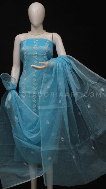 Sky-blue Kota Doria Cotton Embroidery Work Dress Material