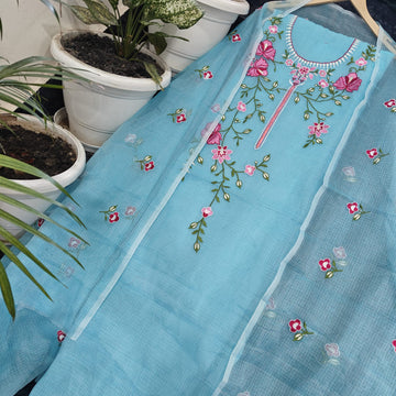 Sky-blue Doria Cotton Embroidery Work Dress Material