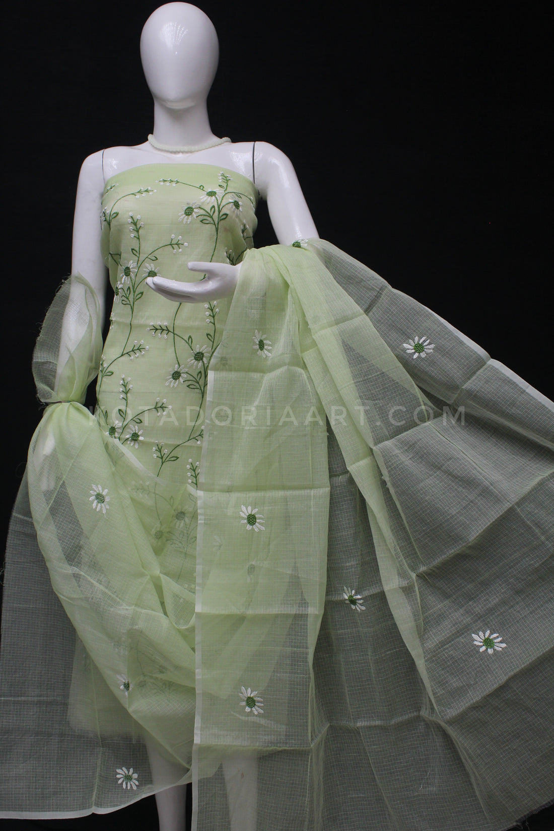 Pista Green Kota Doria Cotton Embroidery Work Dress Material -