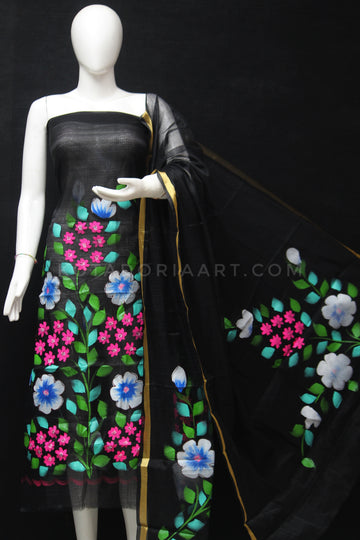 Black Kota Doria Cotton Hand Pented Dress Material With Bottom.