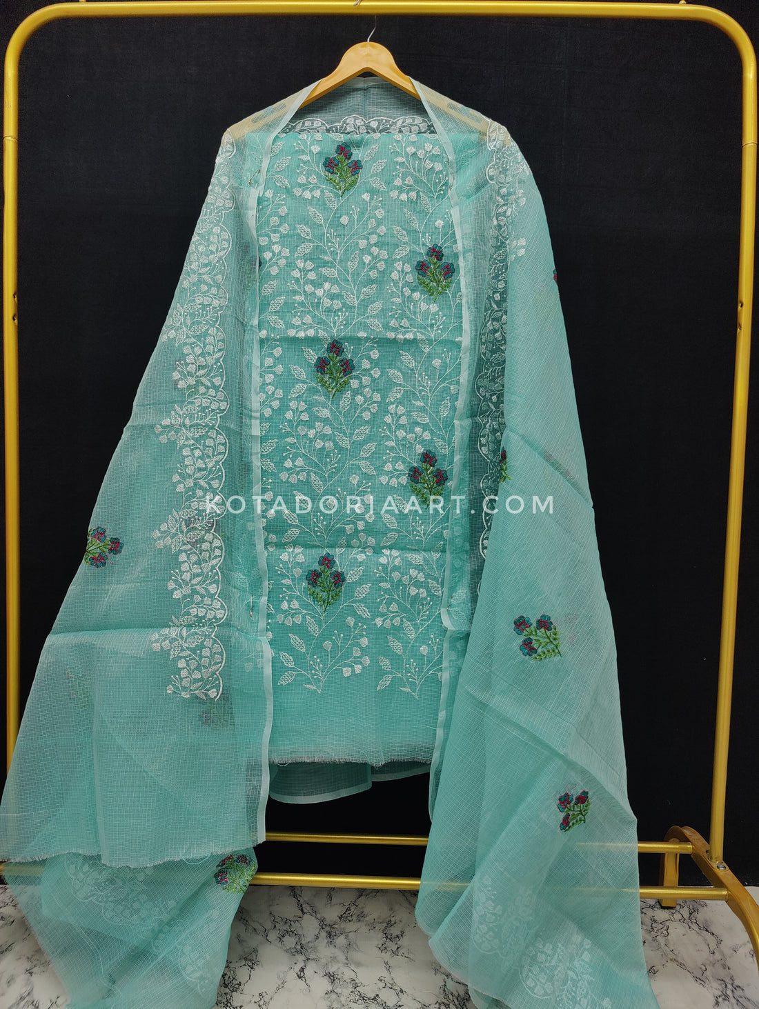 Sea-green Kota Doria Cotton Embroidery Work Dress Material