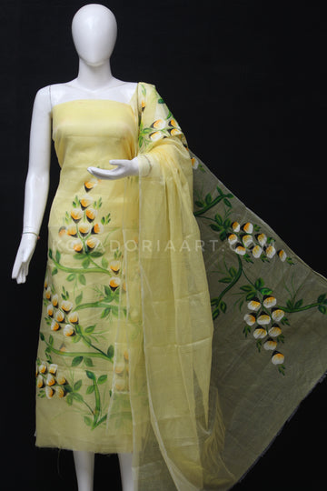 Yellow Kota Doria Cotton Hand Pented Dress Material With Bottom.