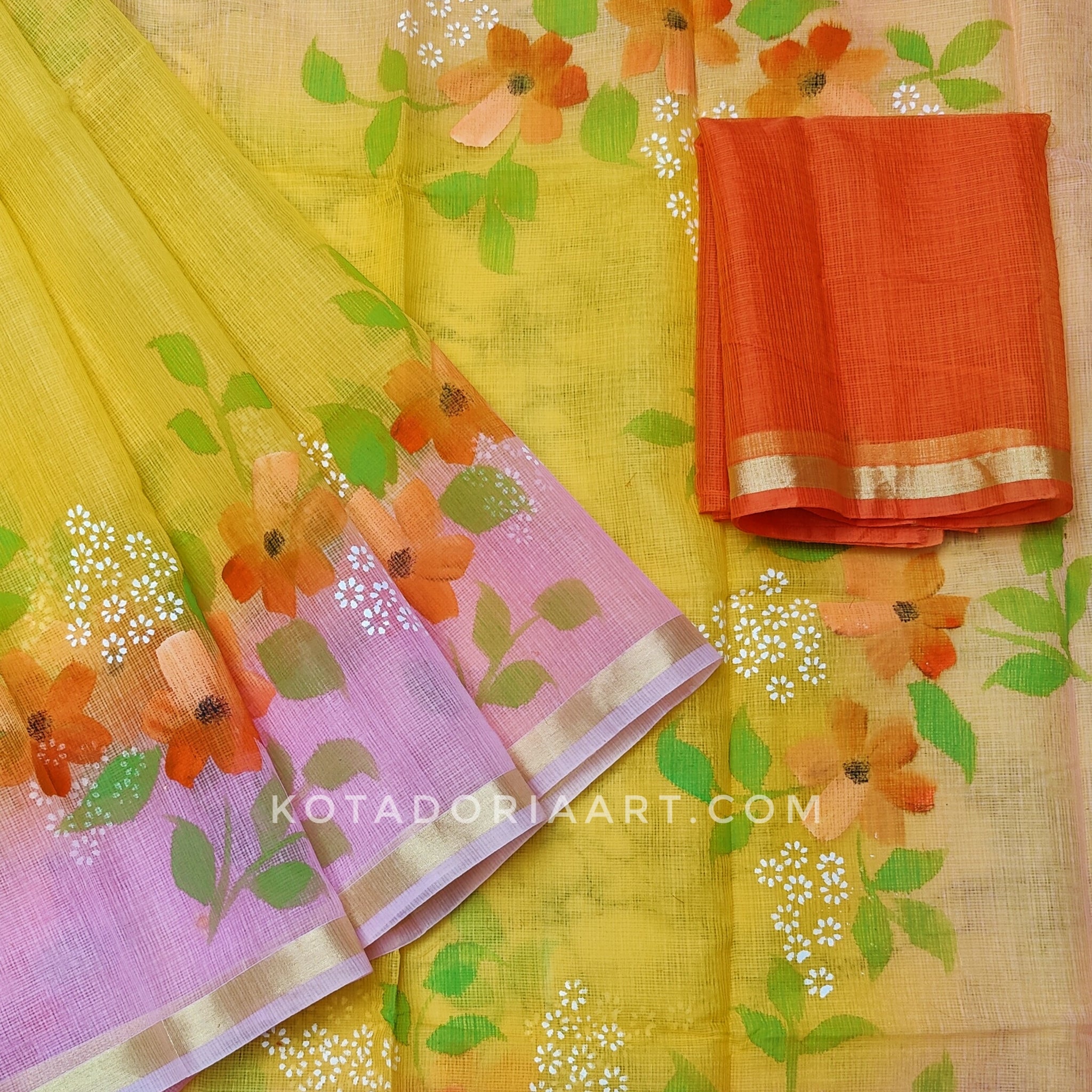 Cotton Kota Doria Hand Painted Saree With Contrast Blouse