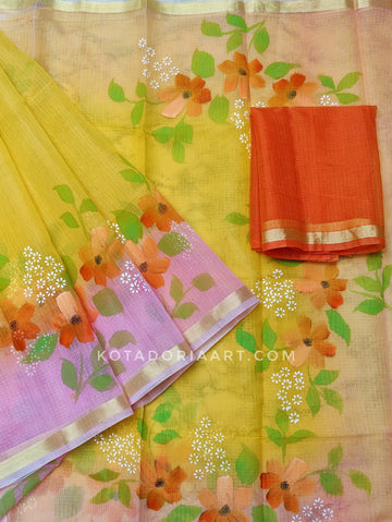 Cotton Kota Doria Hand Painted Saree With Contrast Blouse