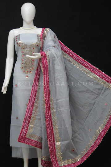Gray Bandhej Border Kota Doria Cotton Gota-Patti Work Dress Material