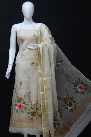 Beige Kota Doria Cotton Hand Pented Dress Material With Bottom.