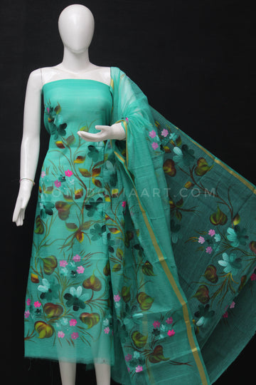 Sea Green Kota Doria Cotton Hand Pented Dress Material With Bottom.