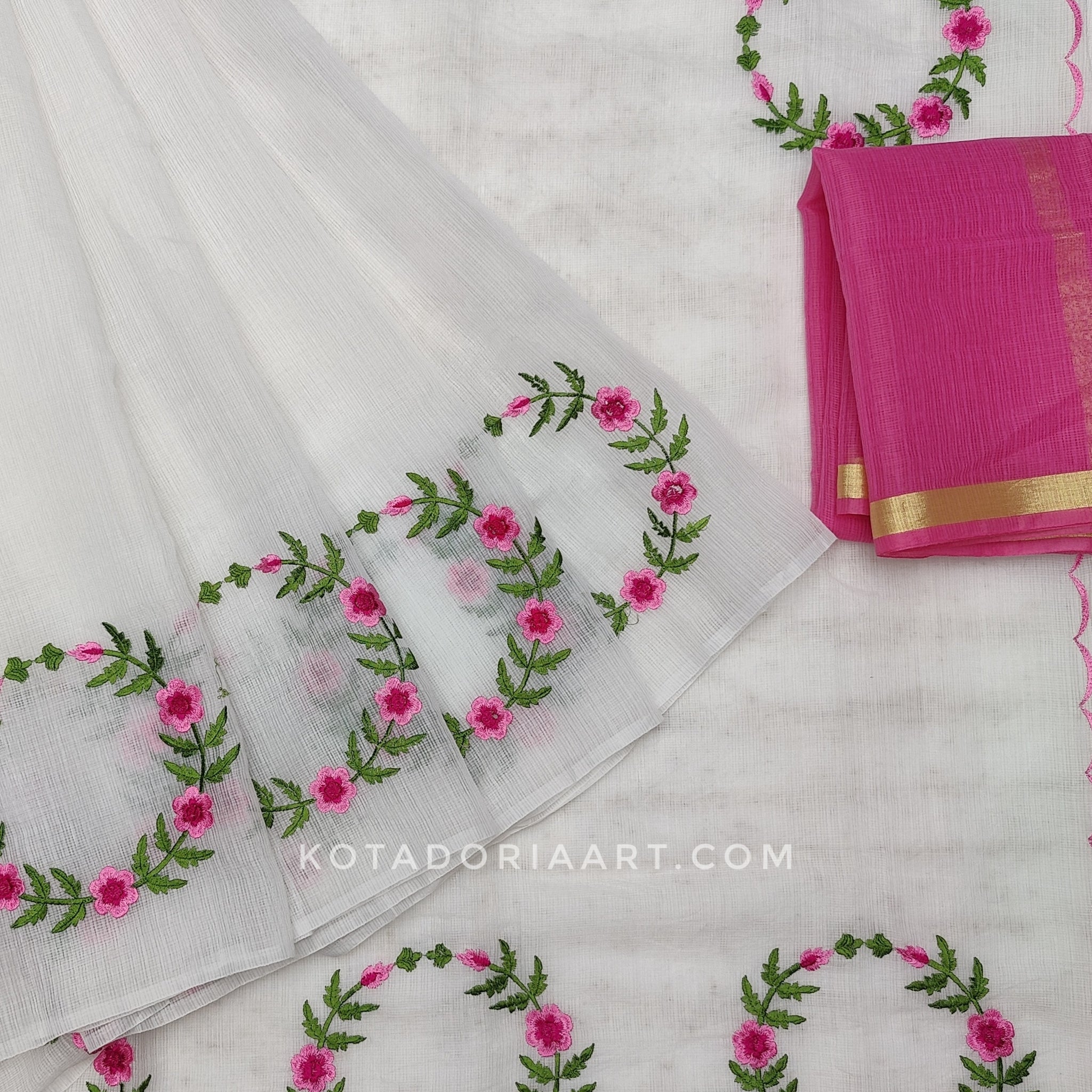 White Cotton Kota Doria Embroidery Work Saree With Contrast Blouse Piece