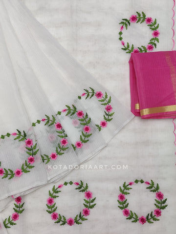 White Cotton Kota Doria Embroidery Work Saree With Contrast Blouse Piece