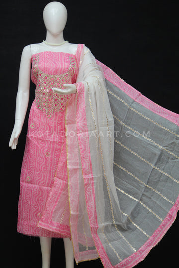 Pink Bandhej Kota Doria Cotton Gota-Patti Work Dress Material