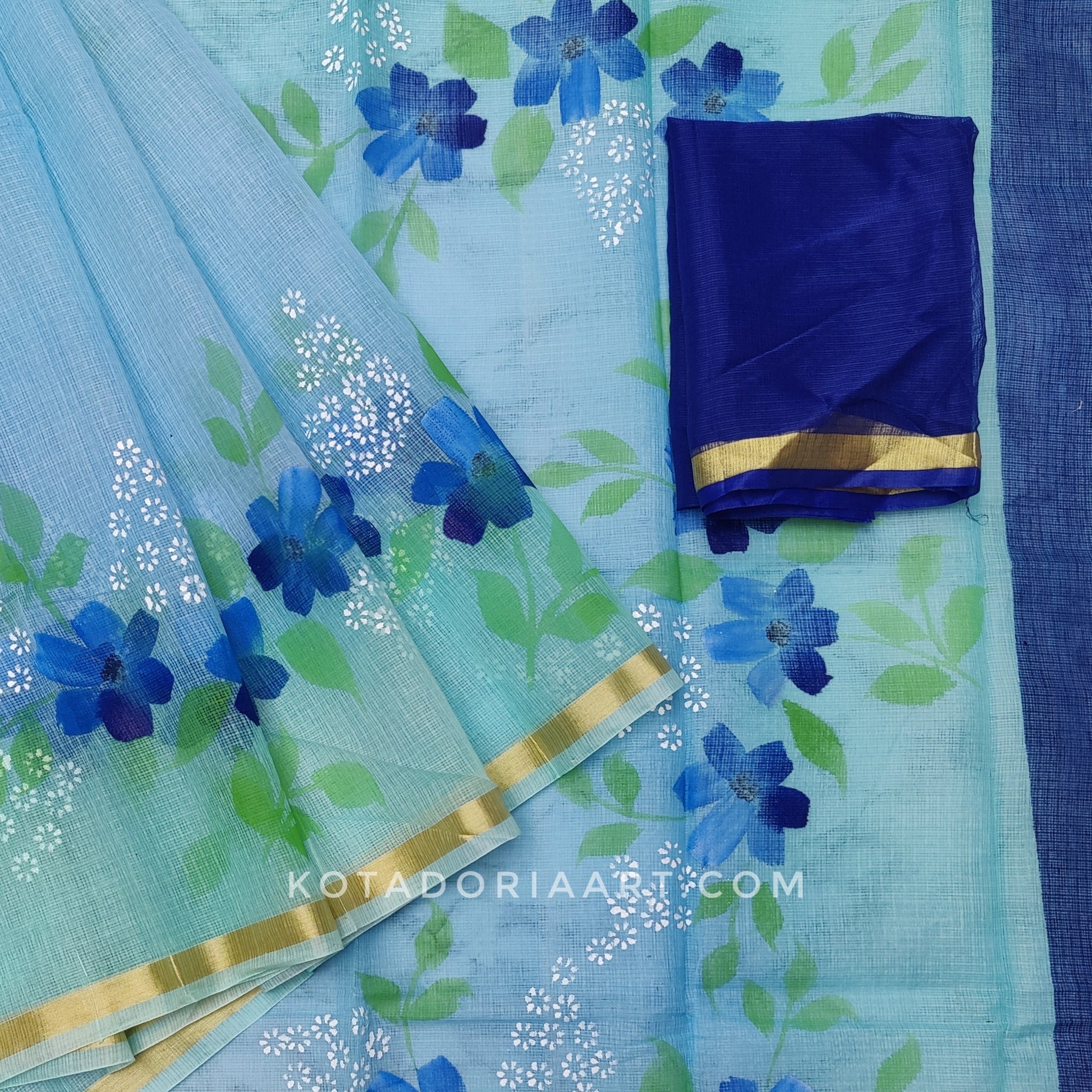 Sky-blue Cotton Kota Doria Hand Painted Saree With Contrast Blouse