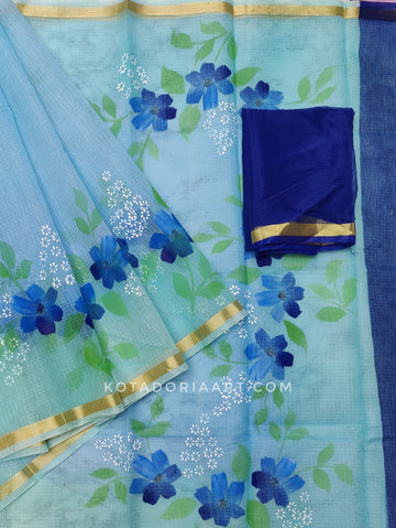 Sky-blue Cotton Kota Doria Hand Painted Saree With Contrast Blouse