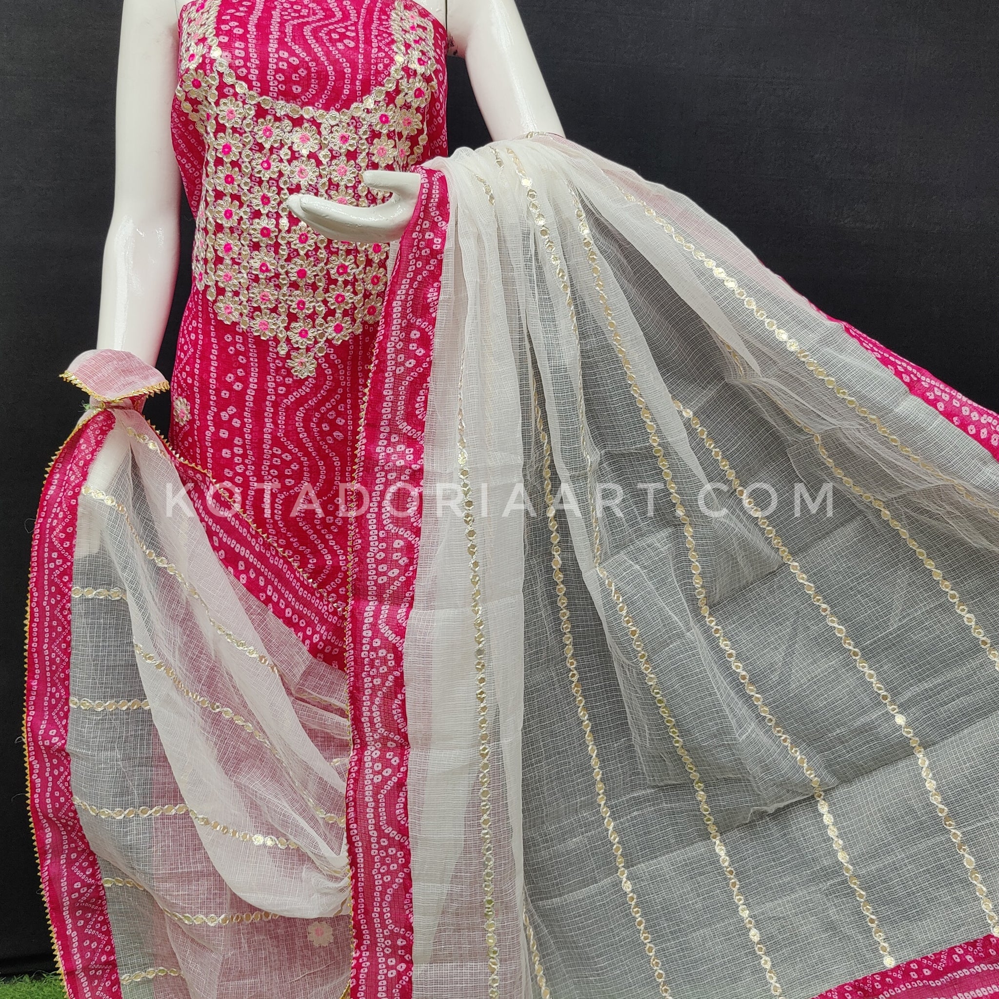 Raani Bandhej Kota Doria Cotton Gota-Patti Work Dress Material