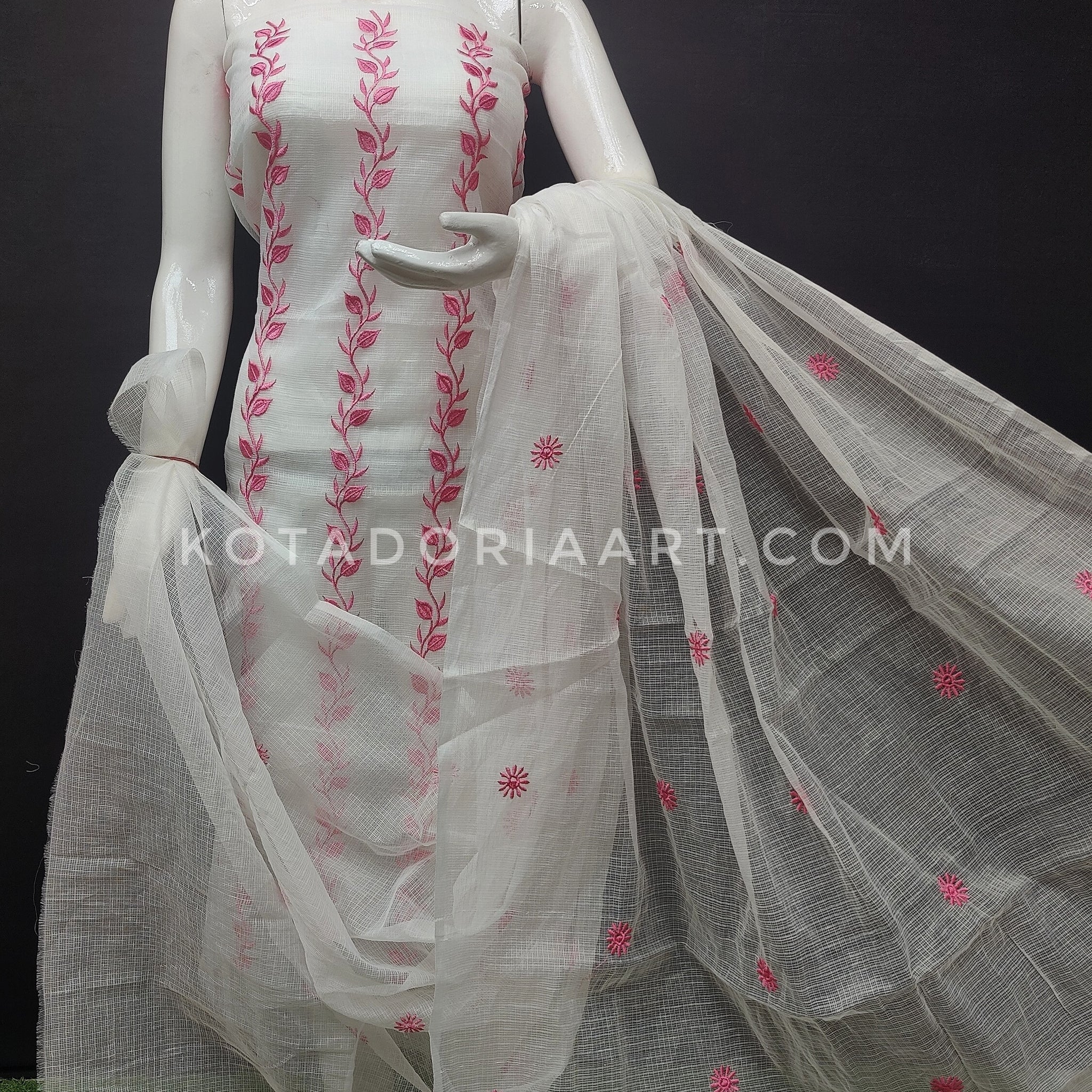 White Kota Doria Cotton Embroidery Work Dress Material