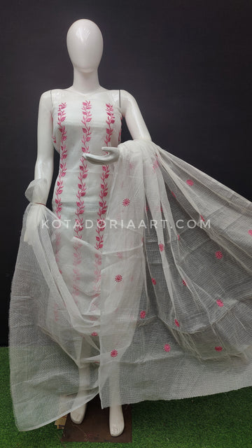 White Kota Doria Cotton Embroidery Work Dress Material