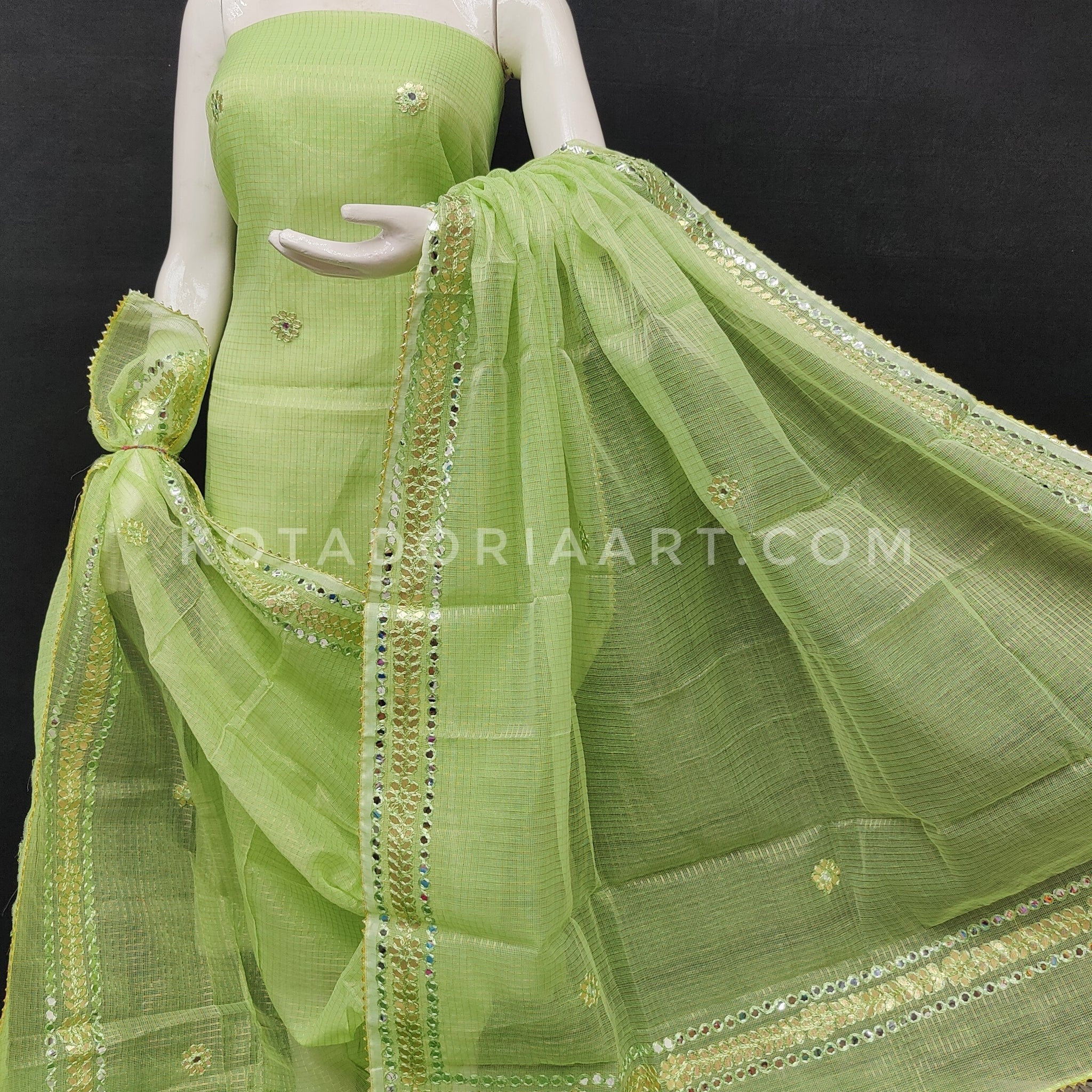 Green Kota Doria Cotton Gota-Patti Work Dress Material with Bottom