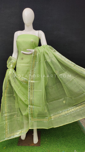 Green Kota Doria Cotton Gota-Patti Work Dress Material with Bottom