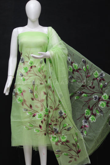 Green Kota Doria Cotton Hand Pented Dress Material With Bottom.