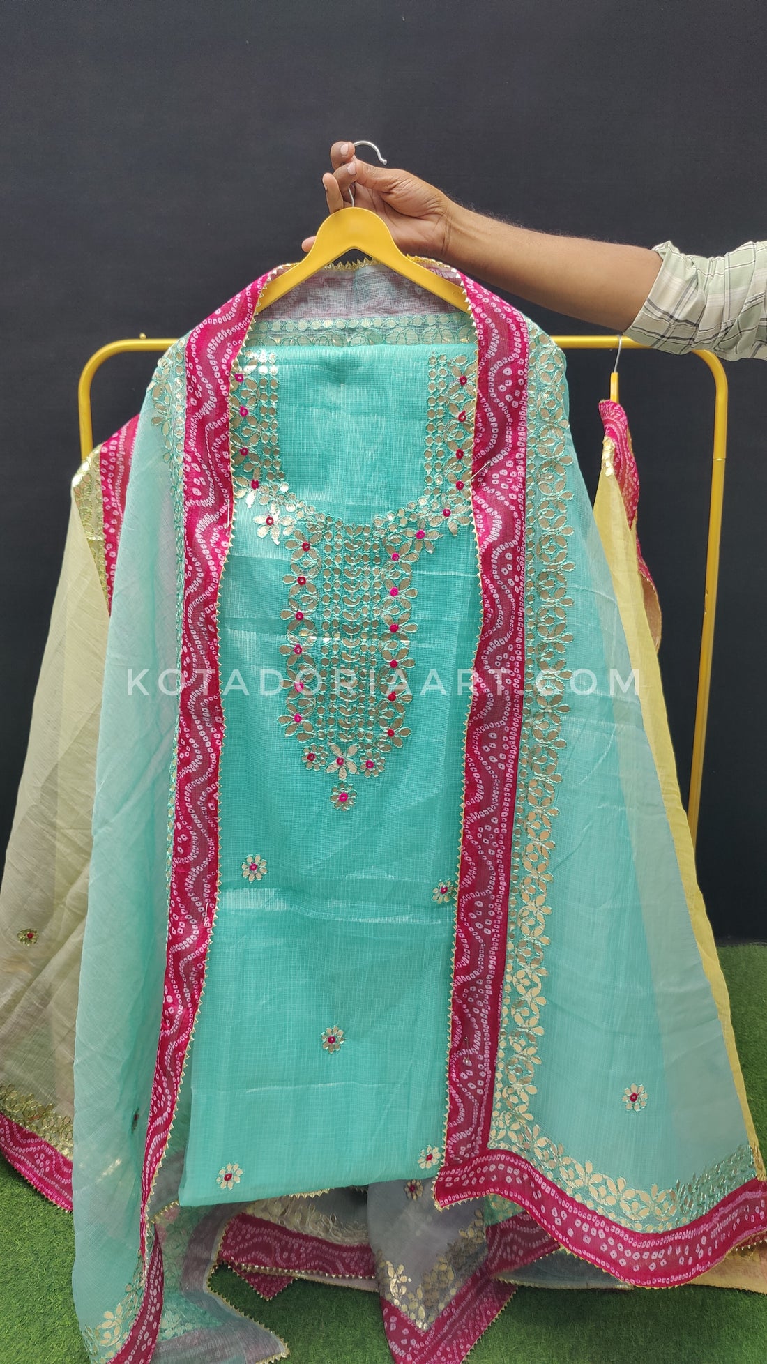 Sea-Green Bandhej Border Kota Doria Cotton Gota-Patti Work Dress Material