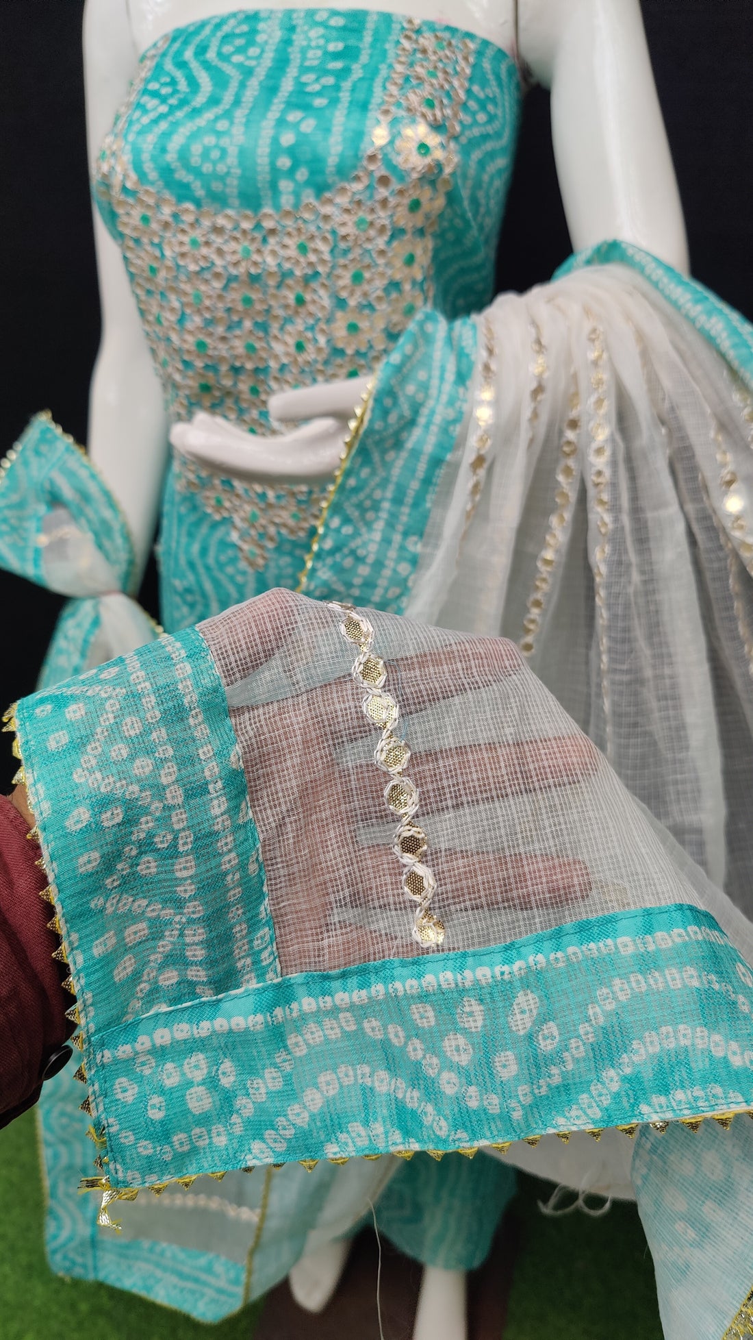 Sea-Green Bandhej Kota Doria Cotton Gota-Patti Work Dress Material